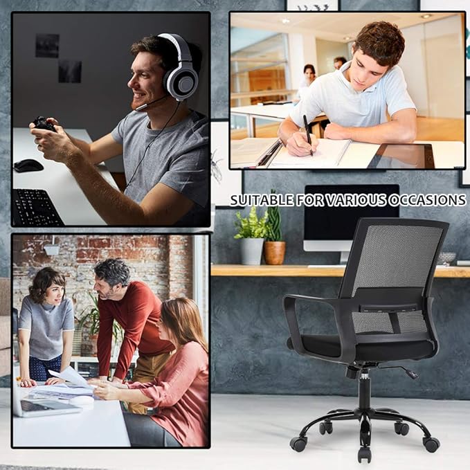 Home Office Chair Ergonomic Desk Chair Swivel Rolling Computer Chair Executive Lumbar Support Task Mesh Chair Adjustable Stool for Women Men (Black) - LeafyLoom