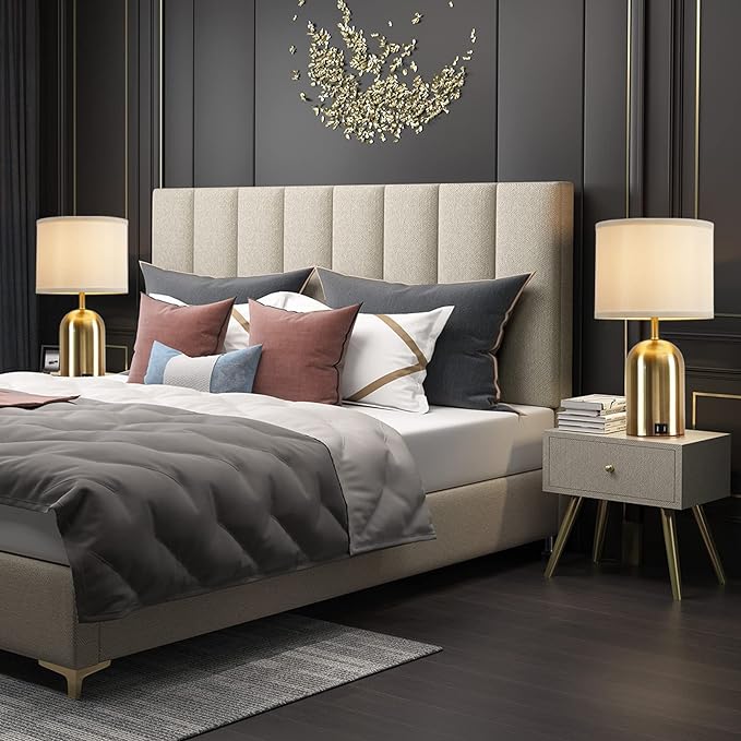 Touch Control Table Lamps Set of 2, Bedside Table Lamps for Bedrooms Set of 2 Modern Living Room 3 Way Dimmable Gold Bedside Lamp for End Table with 2 USB Charging Ports, 2 Bulbs Included - LeafyLoom