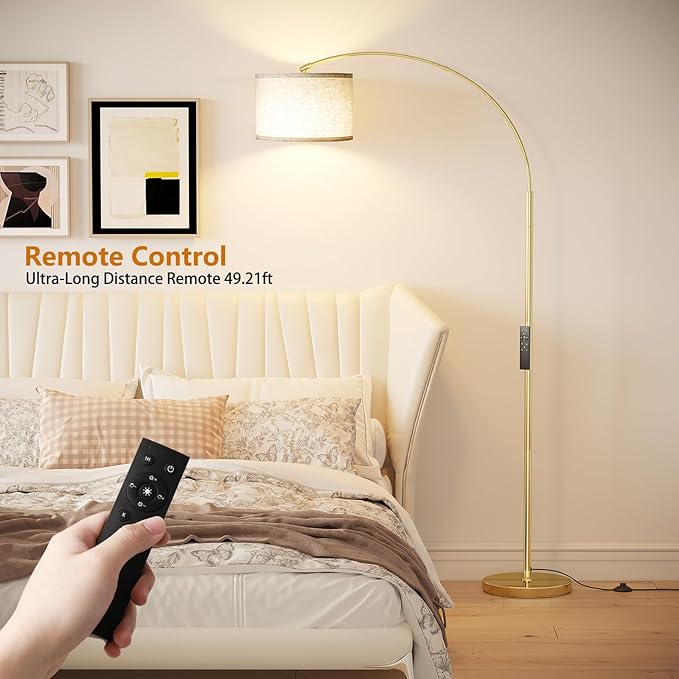 SUNMORY Arc Floor Lamp with Remote,Modern Floor Lamp with Stepless Dimmable Bulb,75″Height Tall Lamp for Living Room with Hanging Drum Shade and Weighted Base.Mid Century Standing Lamp for Bedroom. - LeafyLoom