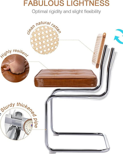 Zesthouse Mid-Century Modern Dining Chairs 4 Pcs, Accent Rattan Kitchen Chairs, Armless Mesh Back Cane Upholstered Leather Chairs with Metal Chrome Legs, Brown - LeafyLoom