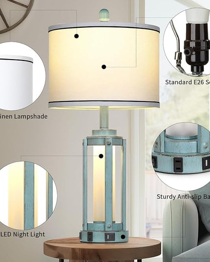 Farmhouse Lamps Set of 2, 26" Vintage Rustic Industrial Beside Lamps with USB A+C Charging Ports & AC Outlet, Nightstand Metal Lamp with LED Night Light & Fabric Shade for Living Room Bedrooms Blue - LeafyLoom