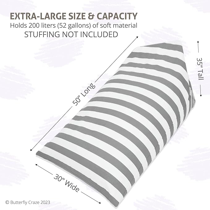 Butterfly Craze Bean Bag Chair Cover, Functional Toddler Toy Organizer, Fill with Stuffed Animals to Create a Jumbo, Comfy Floor Lounger for Boys or Girls, Stuffing Not Included, Grey Stripe - LeafyLoom