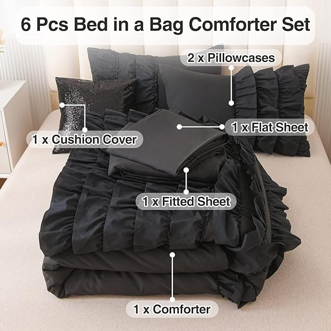 A Nice Night Waterfall Flutter Ruffle Comforter Sets,Ruffled Textured Chic Princess 6pcs Bedding Set,with Bling Shiny Sequin Throw Pillow Case,Black,Full - LeafyLoom