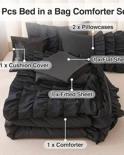 A Nice Night Waterfall Flutter Ruffle Comforter Sets,Ruffled Textured Chic Princess 6pcs Bedding Set,with Bling Shiny Sequin Throw Pillow Case,Black,Twin - LeafyLoom