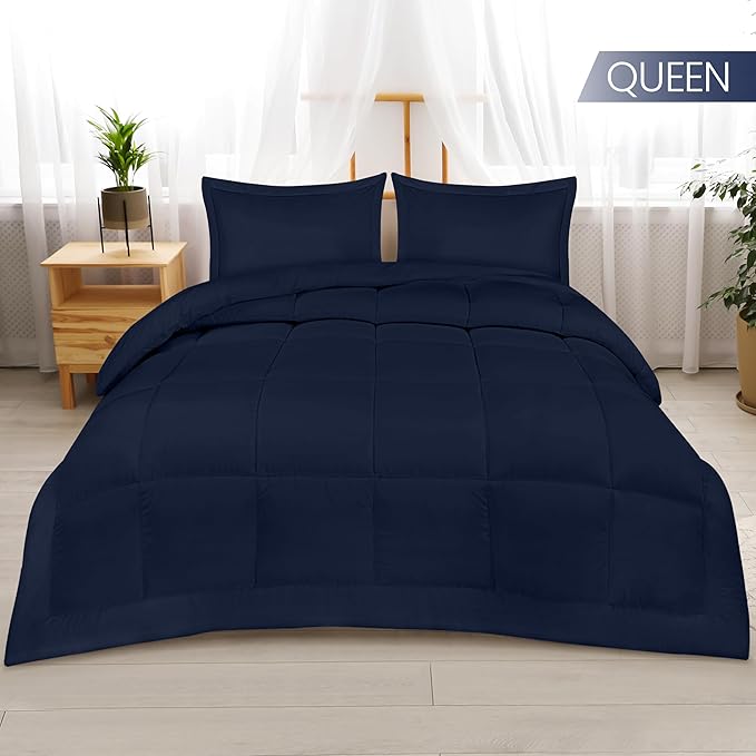 Utopia Bedding Queen Size Comforter Set with 2 Pillow Shams, Bedding Comforter Sets, Down Alternative Navy Comforter, Soft and Comfortable, Machine Washable - LeafyLoom