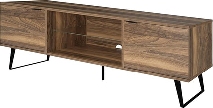 Atelier Mobili Mid Century Modern TV Stand Farmhouse TV Stand Entertainment Center for Living Room | Walnut TV Stand with Glass Shelf | Fits 80 Inch TV | Soft Closing Hinges | Storage for Bedroom - LeafyLoom
