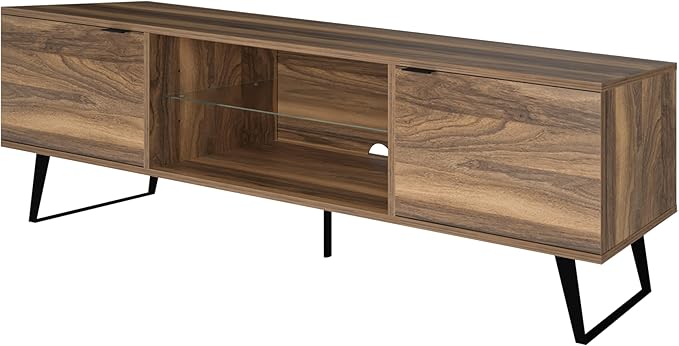Atelier Mobili Mid Century Modern TV Stand Farmhouse TV Stand Entertainment Center for Living Room | Walnut TV Stand with Glass Shelf | Fits 80 Inch TV | Soft Closing Hinges | Storage for Bedroom - LeafyLoom