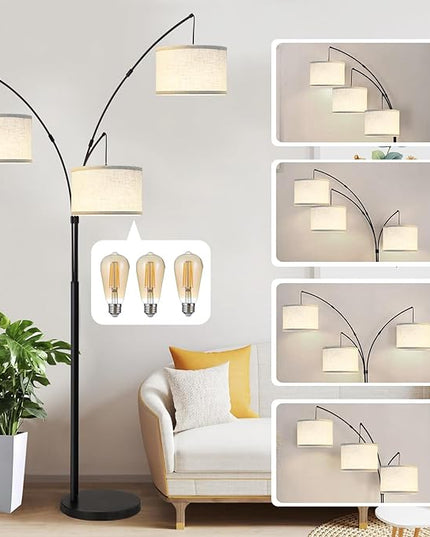 Dimmable Arc Floor Lamps for Living Room-Modern 3 Lights Floor Lamp, Mid Century Tall Standing Reading Lamp with Heavy Base 360° Adjustable Hanging Beige Shades for Bedroom Office Include Bulbs - LeafyLoom