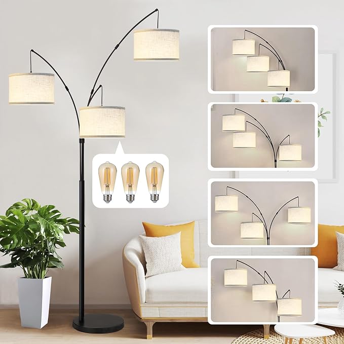 Dimmable Arc Floor Lamps for Living Room-Modern 3 Lights Floor Lamp, Mid Century Tall Standing Reading Lamp with Heavy Base 360° Adjustable Hanging Beige Shades for Bedroom Office Include Bulbs - LeafyLoom