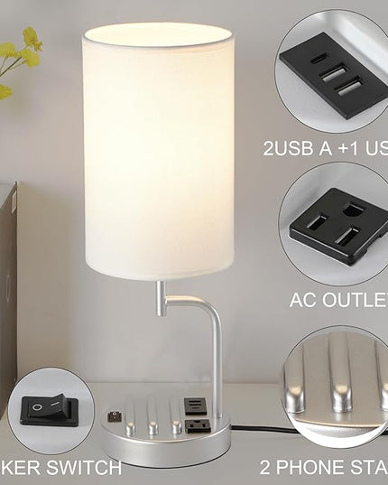 Dreamholder Table Lamp with 3 USB Charging Ports, Modern Desk Lamp with AC Outlet and Phone Stands, Perfect Bedside Lamp for Bedroom, Living Room, Office (Pack of 2), Silver - LeafyLoom