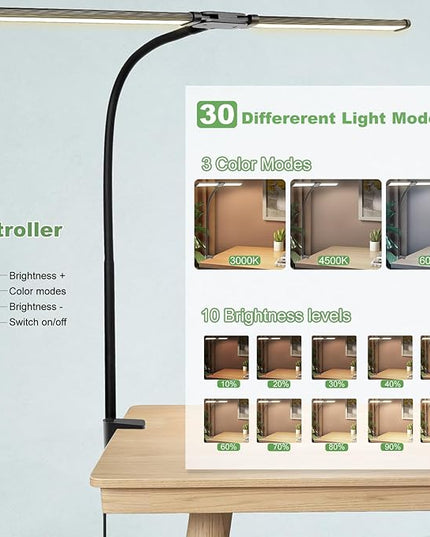 Desk Lamp for Office Home - LED Reading Light 160 LEDs with Clamp Table Lamps Eye-Caring Study Clip on Lights 3 Modes & Stepless Dimming Double Head Computer Lighting for Home, Office and Bedroom - LeafyLoom