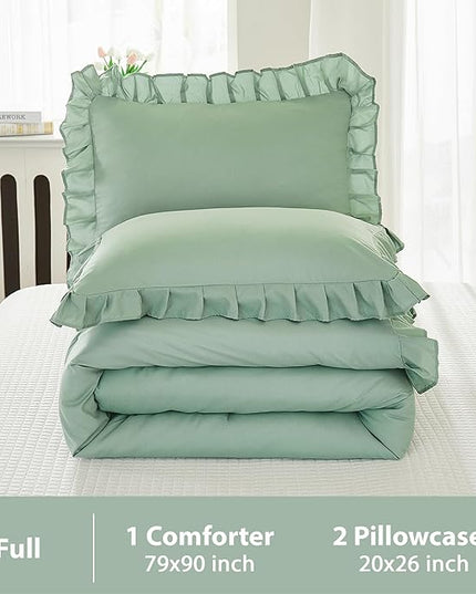Andency Sage Green Comforter Set Full, 3 Pieces Lightweight Soft Ruffle Bed Comforter, Farmhouse Rustic Fluffy Microfiber Down Alternative Bedding Set (79x90Inch Comforter) - LeafyLoom