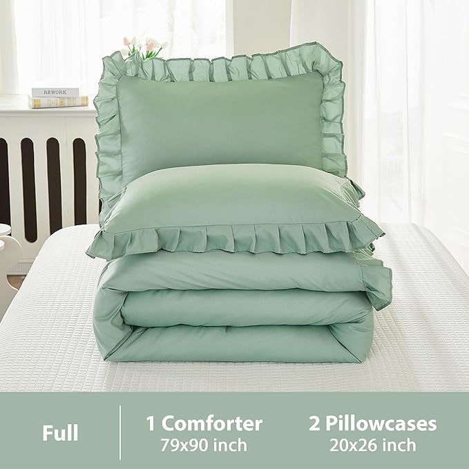 Andency Sage Green Comforter Set Full, 3 Pieces Lightweight Soft Ruffle Bed Comforter, Farmhouse Rustic Fluffy Microfiber Down Alternative Bedding Set (79x90Inch Comforter) - LeafyLoom