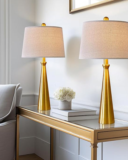 Oneach 25.75" 3-Way Dimmable Touch Control Modern USB Table Lamp Set of 2 for Living Room Bed Room Bedside Nightstand Lamps Fabric Shade Vintage Accent Light Gold Antique Brass - LeafyLoom