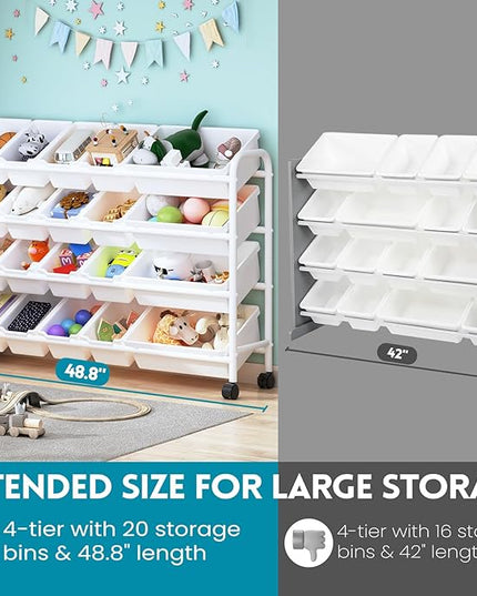 Kids Toy Storage Organizer with 20 Plastic Bins, 4-Tier Metal Toy Storage Rack, Extra Large Toy Organizer and Storage Bins for Kids Room, Playroom and Nursery, White - LeafyLoom