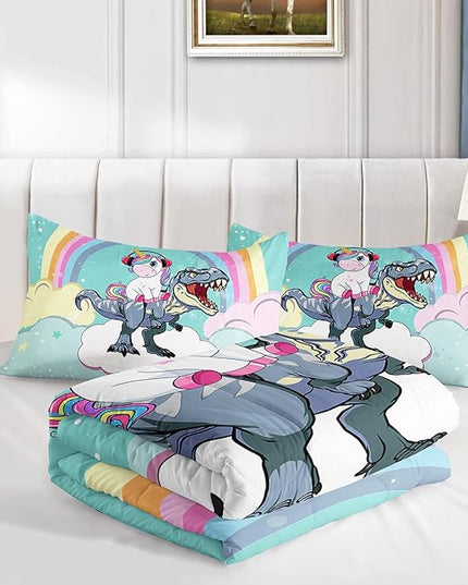 Unicorn Comforter Set 3Pcs Cartoon Dinosaur Kids Bedding Set Rainbow Cloudy Star Bed Set with 1 Comforter and 2 Pillowcases - LeafyLoom