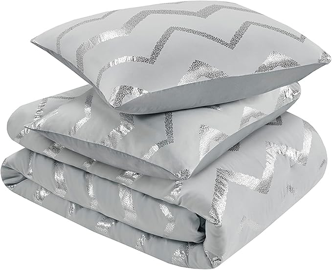 Codi Grey Queen Comforter Set, Silver Print Bedding Sets for Queen Size Bed - 4 Piece includes 1 Queen/Full Comforter with 1 Decorative Pillow and 2 Pillow Cases - All Season Warm - LeafyLoom
