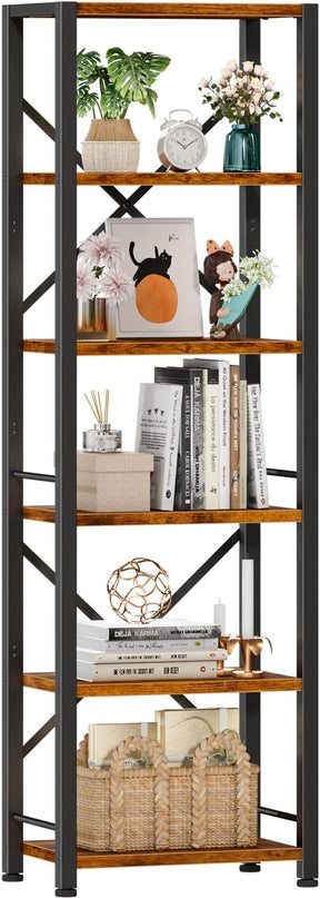 Furologee 6 Tier Tall Bookshelf, Industrial Narrow Bookcase, Display Standing Shelf Units, Metal and Wood Storage Rack Organizer for Living Room, Home Office, Entryway, Kitchen, Rustic Brown - LeafyLoom