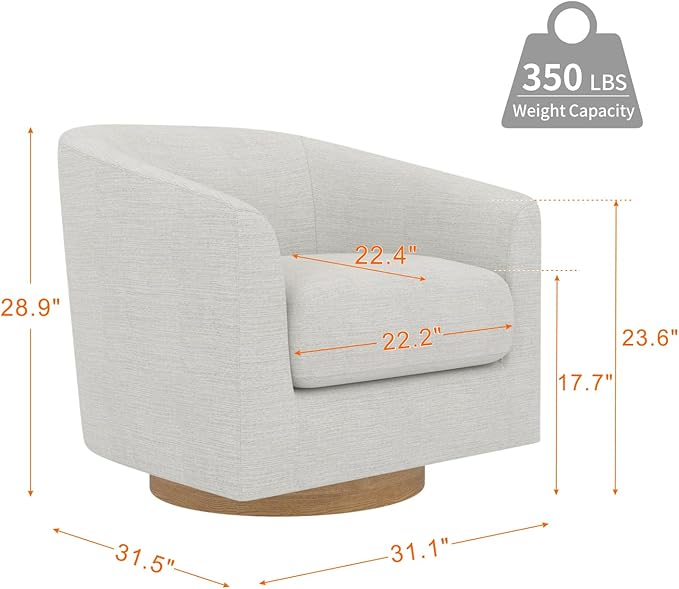 MUUEGM Accent Chair with Arms, 360 Degree Swivel Accent Chair with Wood Base, Modern Barrel Chair for Living Room, Bedroom, Waiting Room, Fully Assembled,Performance Fabric in Ivory White - LeafyLoom