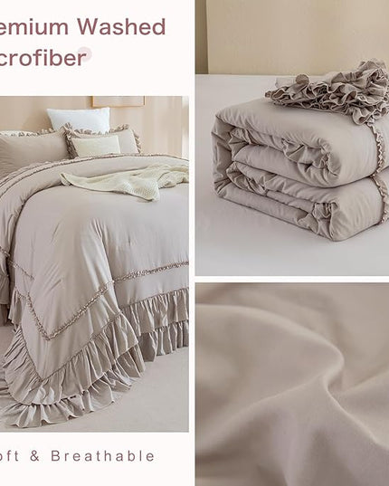 Oversized King Comforter 120x120,3 Pieces Farmhouse Taupe Ruffle Bedding Comforter,Oversized Shabby Boho Chic Cal King Bed Comforter,Lighteweight and Soft Microfiber Bedding Set - LeafyLoom