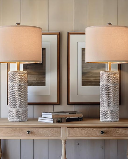 OYEARS 25.5 "Retro Farmhouse Table Lamps Set of 2 Woven Pattern Resin Bedside Lamps Classic Country Washed White Lamp for Bedroom Living Room Home Office - LeafyLoom