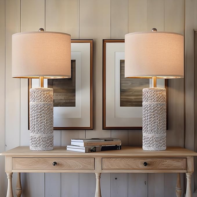 OYEARS 25.5 "Retro Farmhouse Table Lamps Set of 2 Woven Pattern Resin Bedside Lamps Classic Country Washed White Lamp for Bedroom Living Room Home Office - LeafyLoom