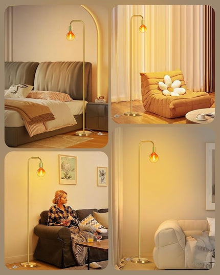 QiMH Floor Lamp for Living Room, Minimalist Industrial Standing Lamp with Clear Globe Glass LED Bulb, 2200K Warm Ambiant Lighting Decorative Modern Tall Lamp for Bedroom Office, Brushed Gold - LeafyLoom