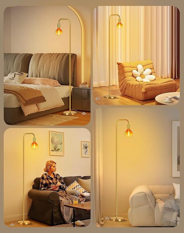 QiMH Floor Lamp for Living Room, Minimalist Industrial Standing Lamp with Clear Globe Glass LED Bulb, 2200K Warm Ambiant Lighting Decorative Modern Tall Lamp for Bedroom Office, Brushed Gold - LeafyLoom
