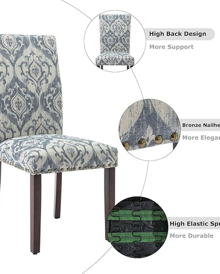 COLAMY Upholstered Parsons Dining Chairs Set of 6, Fabric Dining Room Kitchen Side Chair with Nailhead Trim and Wood Legs - Blue/White Flower - LeafyLoom