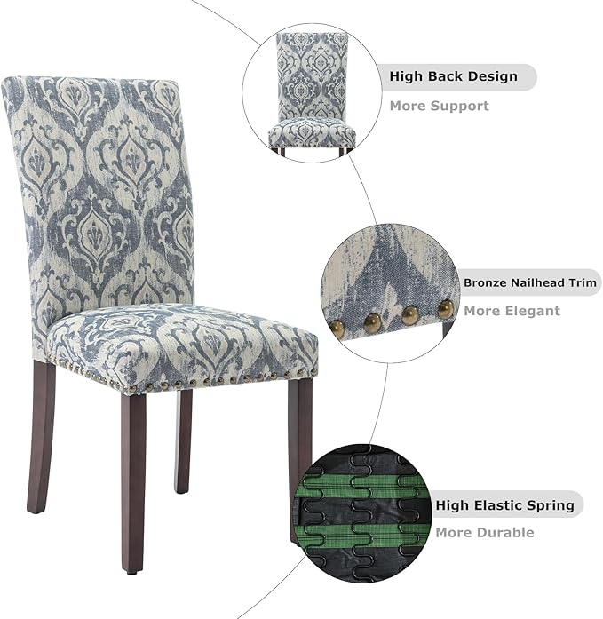 COLAMY Upholstered Parsons Dining Chairs Set of 6, Fabric Dining Room Kitchen Side Chair with Nailhead Trim and Wood Legs - Blue/White Flower - LeafyLoom