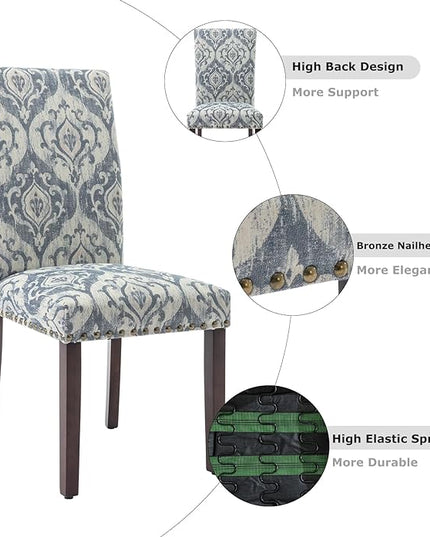 COLAMY Upholstered Parsons Dining Chairs Set of 2, Fabric Dining Room Kitchen Side Chair with Nailhead Trim and Wood Legs - Blue/White Flower - LeafyLoom
