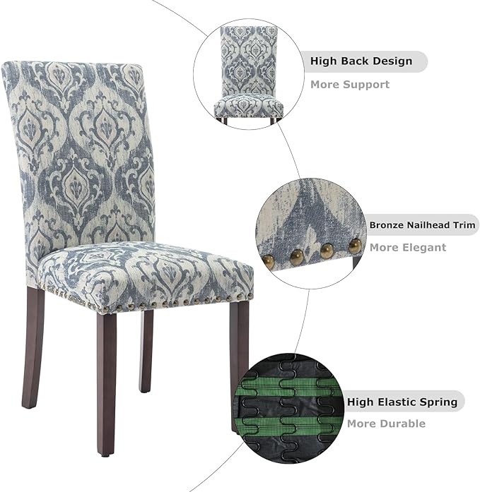 COLAMY Upholstered Parsons Dining Chairs Set of 2, Fabric Dining Room Kitchen Side Chair with Nailhead Trim and Wood Legs - Blue/White Flower - LeafyLoom