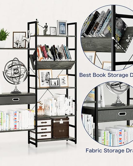 NUMENN Triple Wide 5 Tier Bookshelf, Adjustable Rustic Industrial Style Book Shelves, Modern Bookcases and Bookshelves Furniture for Bedroom, Living Room and Home Office, Dark Grey - LeafyLoom