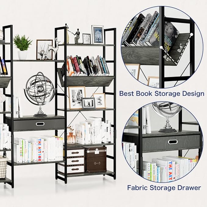 NUMENN Triple Wide 5 Tier Bookshelf, Adjustable Rustic Industrial Style Book Shelves, Modern Bookcases and Bookshelves Furniture for Bedroom, Living Room and Home Office, Dark Grey - LeafyLoom