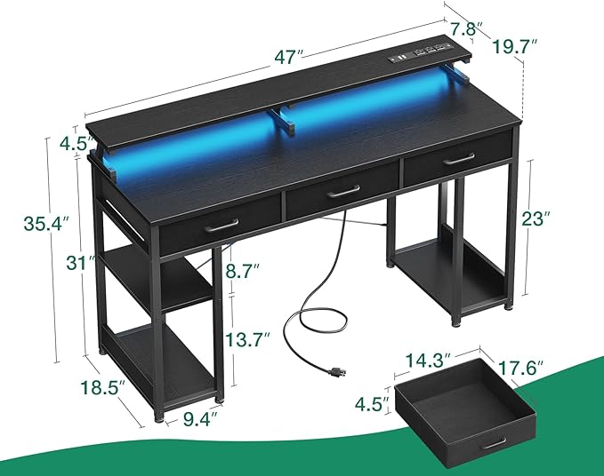 AODK 48 inch Computer Desk with 3 Drawers, Gaming Desk with LED Lights & Power Outlets, Home Office Desk with Storage Shelves & Monitor Stand, Modern Work Study Writing Table for Small Spaces, Black - LeafyLoom