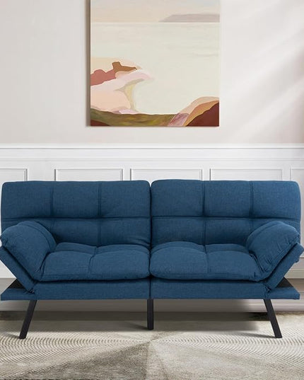 MUUEGM Futon Sofa Bed Convertible Memory Foam Sleeper Couch,Modern Loveseat for Living Room,Small Compact Space,Dorm,Office,Adjustable Armrests Backrest Sofabed, Linen Blue - LeafyLoom