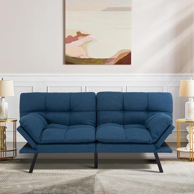 MUUEGM Futon Sofa Bed Convertible Memory Foam Sleeper Couch,Modern Loveseat for Living Room,Small Compact Space,Dorm,Office,Adjustable Armrests Backrest Sofabed, Linen Blue - LeafyLoom