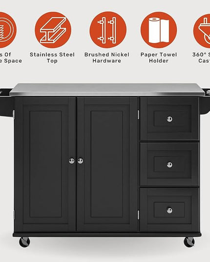Homestyles Kitchen Cart with Stainless Steel Metal Top, Rolling Mobile Kitchen Island with Storage and Towel Rack, 54 Inch Width, Black - LeafyLoom
