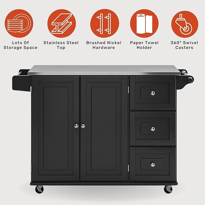 Homestyles Kitchen Cart with Stainless Steel Metal Top, Rolling Mobile Kitchen Island with Storage and Towel Rack, 54 Inch Width, Black - LeafyLoom
