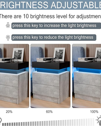 HOMMPA LED Nightstand Grey Matte Bedside Table with Led Lights Modern Night Stand with 2 Drawers Led Night Table Smart Nightstand for Bedroom 20.5” Tall - LeafyLoom