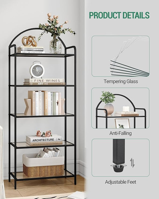 Bookcase Bookshelf, Tempered Glass Bookshelves, Slim Shelving Unit for Bedroom, Bathroom, Home Office, Steel Frame, 5 Tier Black BC21599B - LeafyLoom