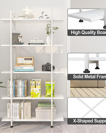 Bookshelf 5 Tiers White Wooden Storage Shelf,Modern Open Display Storage Bookcase Book Organizer,Metal Bookshelf Standing Storage Shelf Tall Shelving Units for Home Office Study - LeafyLoom
