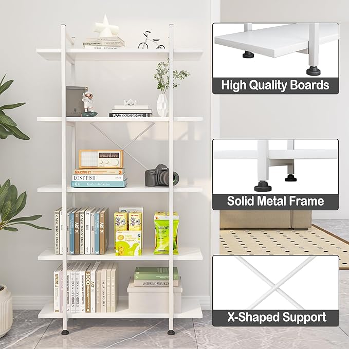 Bookshelf 5 Tiers White Wooden Storage Shelf,Modern Open Display Storage Bookcase Book Organizer,Metal Bookshelf Standing Storage Shelf Tall Shelving Units for Home Office Study - LeafyLoom