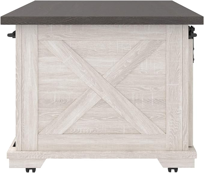 Signature Design by Ashley Dorrinson Farmhouse Coffee Table with Sliding Barn Doors, Antique White & Brown - LeafyLoom