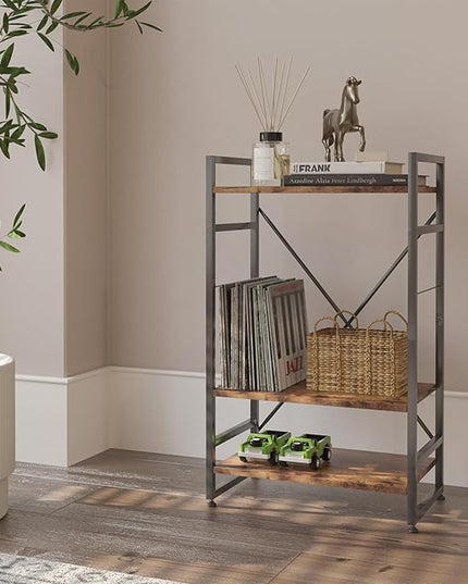 Bookshelf Organizer,3 Tiers Rustic Brown Small Bookcase for Small Space,Industrial Wooden Storage Bookcase Display Rack and Storage Organizer for Living Room and Home Office - LeafyLoom