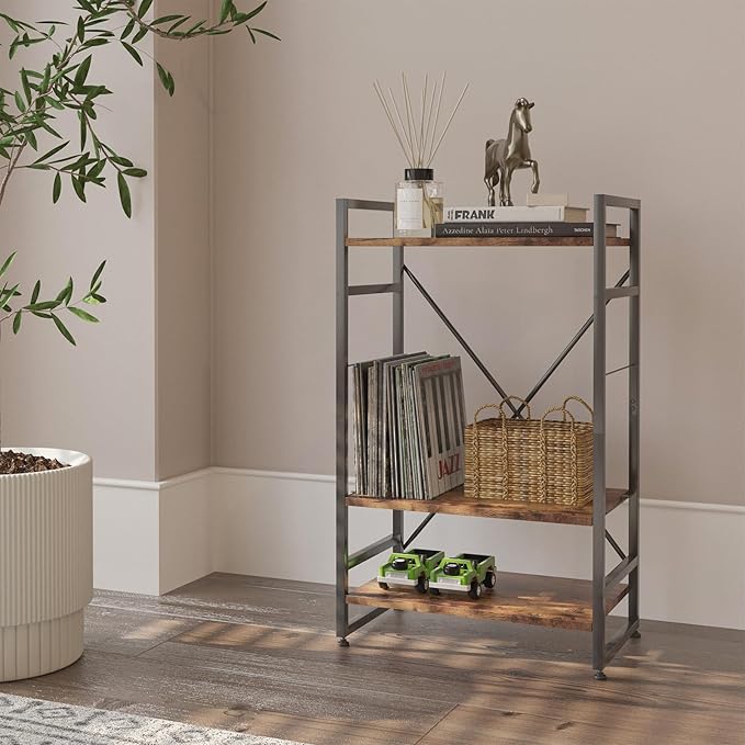 Bookshelf Organizer,3 Tiers Rustic Brown Small Bookcase for Small Space,Industrial Wooden Storage Bookcase Display Rack and Storage Organizer for Living Room and Home Office - LeafyLoom