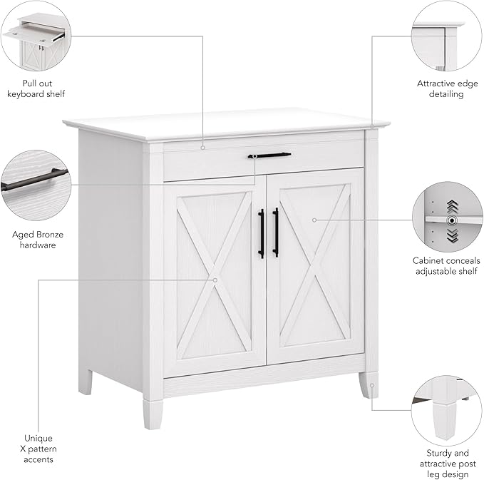 Bush Furniture Key West Secretary Desk | Accent Cabinet with Work Surface in Pure White Oak | 30W x 20D Hidden Writing Table and Storage for Small Spaces - LeafyLoom