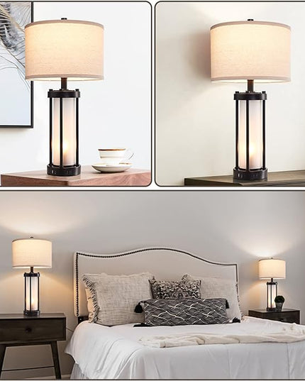 Set of 2 Modern Table Lamps for Living Room with 2 USB Ports, White Frosted Glass Nightlight for Bedroom, Contemporary Desk Lamps for Nightstand End Table Entryway, 4 Bulbs Included (Black) - LeafyLoom