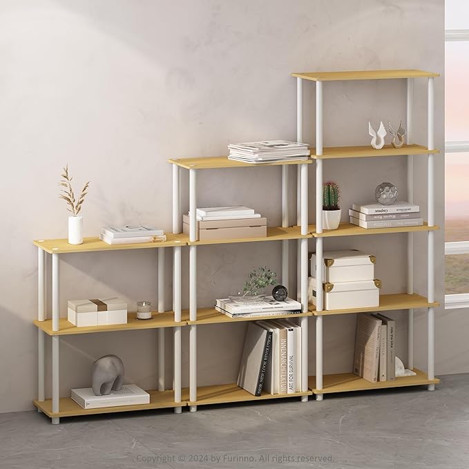 Furinno Turn-N-Tube 5-Tier Multipurpose Compact Display Rack, Shelving Unit, Bookcase, Beech/White - LeafyLoom