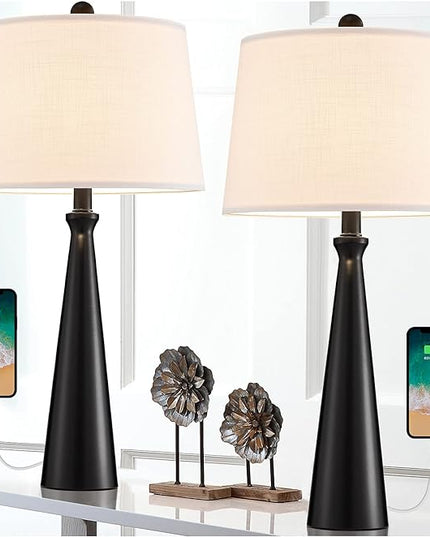 Oneach 25.75” Modern Table Lamps with USB Port Set of 2 Accent Gold Nightstand Lamp for Living Room Bedroom Office Black - LeafyLoom